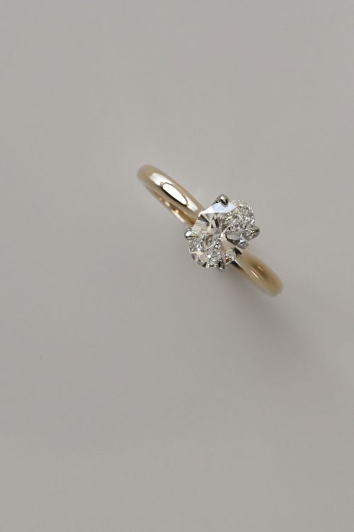 ChatGPT said: Zoe engagement ring in 14k yellow gold with 14k ultra white gold setting, angled top view featuring an oval-cut diamond cradled in a refined criss-cross head.